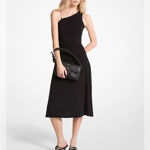 MICHAEL KORS Stretch Matte Jersey One-Shoulder SILVER CHAIN DETAIL Midi Dress M